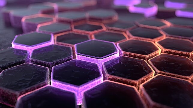 Abstract hexagonal grid, glowing in vibrant purples and oranges