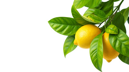 Fresh Ripe Lemons on a Tree Branch with Green Leaves Isolated on White Background