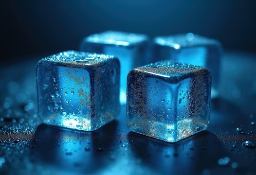 Frozen Water Cubes with Condensation in Cool Blue Tone