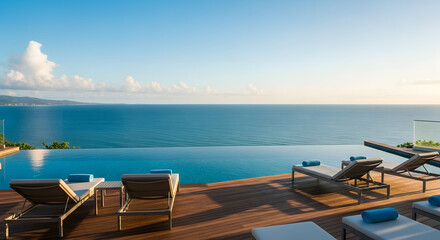 Fototapeta premium Serene coastal retreat with an infinity pool overlooking the azure ocean and horizon, inviting relaxation and tranquility amidst the backdrop of clear blue skies and soft natural light, promoting an