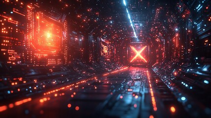Lit up futuristic corridor with detailed technology visuals, leading to a bright red cross