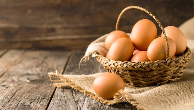 Rustic wooden table holds wicker basket full of brown eggs, one egg sits beside the basket on burlap cloth - Powered by Adobe