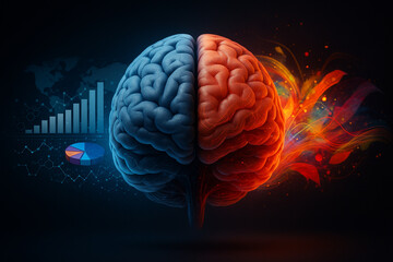 AI generated conceptual art of human brain divided into logical left side and creative right side showing balance between science technology and imagination