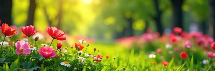 Vibrant Spring Bloom Caucasian Mountains bathed in Sunlight, Lush Green Foliage and Blooming Flowers. Perfect for travel, nature, and seasonal designs.