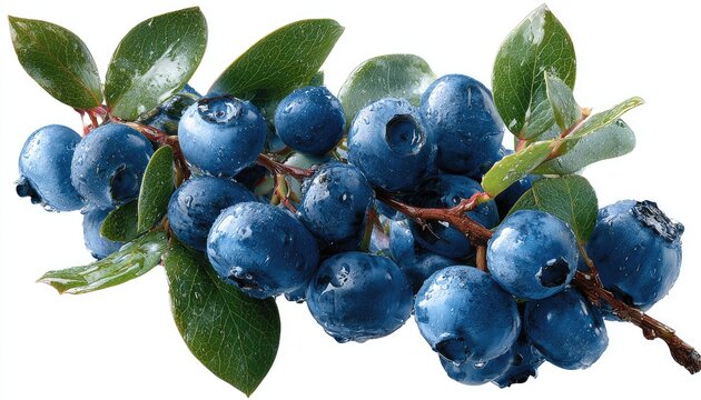 Fresh blueberries on a branch, wet with dew drops, vibrant blue berries and lush green leaves