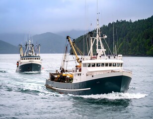 Two fishing boats on a cloudy ocean