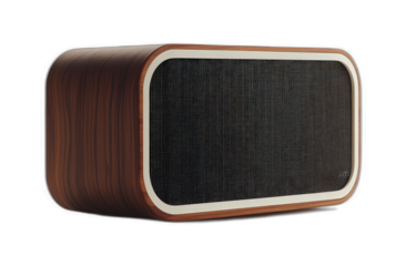 Portable Bluetooth speaker with modern design featuring sleek wooden finish and stylish front grille, perfect for any setting