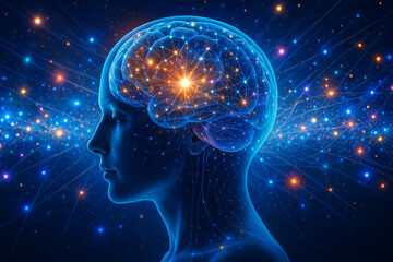 AI generated sci fi digital artwork showing human head with glowing brain and luminous neural connections symbolizing consciousness creativity cosmic knowledge and futuristic intelligence