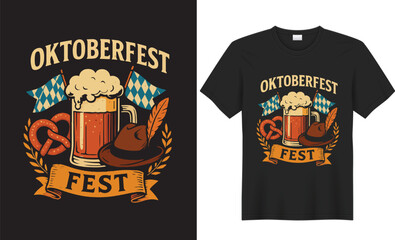 Oktoberfest t-shirt design featuring frothy beer mugs, pretzels, and Bavarian patterns in bold colors, celebrating German tradition with festive typography, rustic charm, and cheerful vibes for beer .