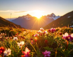 Sunset Alpine Wildflowers Meadow.