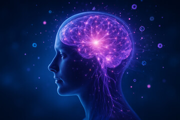 AI generated conceptual futuristic art of a glowing human head with radiant brain energy neural connections and cosmic elements symbolizing creativity science and consciousness