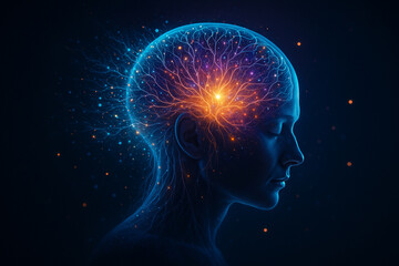 AI generated conceptual sci fi art of human brain glowing with neural connections and cosmic energy in vibrant colors symbolizing imagination creativity and consciousness