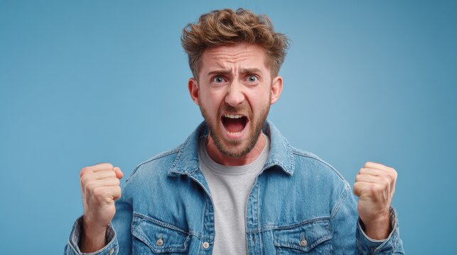 close up portrait of amazed stupefied male with stubble clenches fists doesnt believe in success dressed casually recieves good news from someone excited emotional man poses in studio no logos no bra