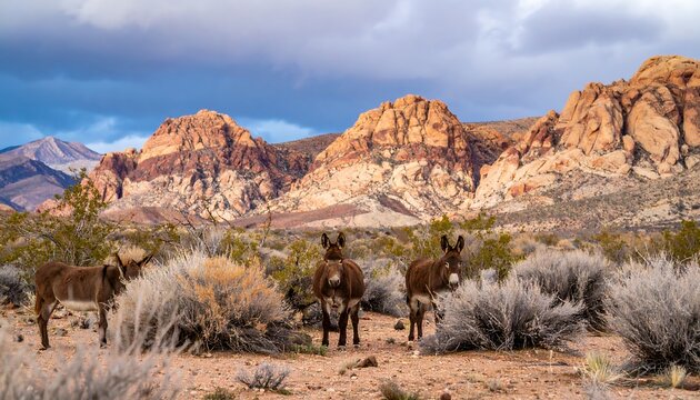 Three burros stand amidst desert shrubs, a majestic mountain range forming a dramatic backdrop under a partly cloudy sky