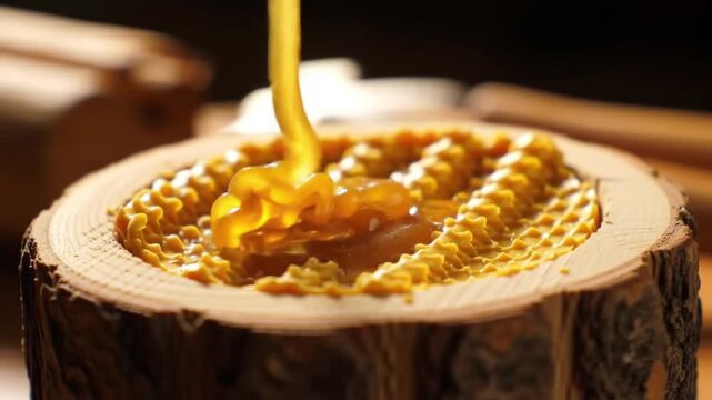 Pouring melted cheese onto a wooden cheese board with a waffle pattern in a warm rustic kitchen setting