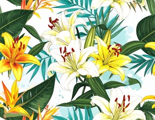 Tropical floral pattern with lilies and palm leaves
