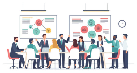 Business meeting with diverse team discussing strategy and planning in a modern office.