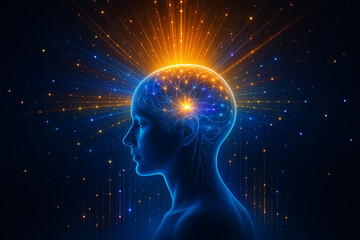Obraz premium AI generated conceptual futuristic art of glowing human head with golden brain light neural energy and cosmic patterns symbolizing wisdom creativity and enlightenment