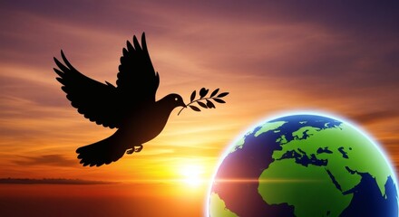 Silhouette of a dove carrying an olive branch flying towards a glowing earth globe at sunset, symbolizing peace and hope
