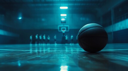 Atmospheric basketball court scene, ball in focus, team silhouettes, teal lighting