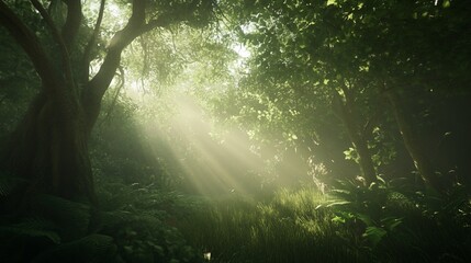 Sunlight streaming through a lush green forest canopy in the morning