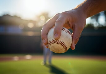 Close-up of a hand holding a baseball, ready to pitch on a sunny day at a baseball field.