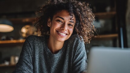 happy young black woman student learning at home looking at laptop computer watching online webinar having virtual work meeting or elearning training seminar class on video call digital conference no