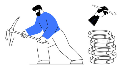 Person digging with pickaxe near stacked coins symbolizing cryptocurrency mining. Hand holding a stylus pen creating digital art. Ideal for blockchain, mining, finance, digital economy, technology