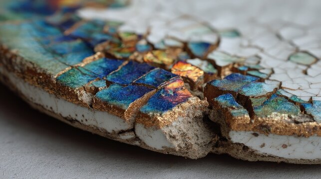 Close-up of a cracked ceramic plate with vibrant, colorful, iridescent tiles
