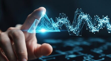 A hand touching a digital network of interconnected points and lines, representing future technology, artificial intelligence, and data communication in abstract design