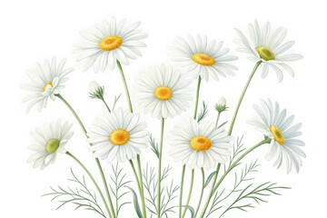 Obraz premium Watercolor daisy flowers bouquet on white background, botanical chamomile floral illustration, spring meadow blossoms for wedding stationery