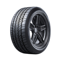 Black rubber tire for cars, clean surface and precise tread design, professional product photography, isolated perfectly on pure white background