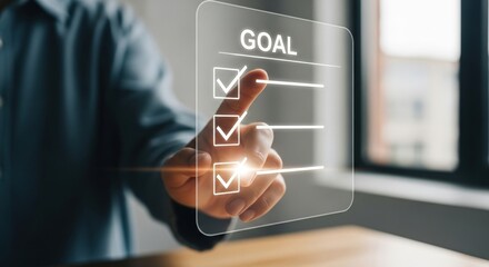 A person's hand touching a virtual screen with a goal checklist, symbolizing success, achievement, and business planning in a modern corporate environment