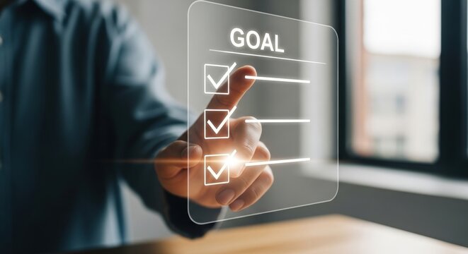 A person's hand touching a virtual screen with a goal checklist, symbolizing success, achievement, and business planning in a modern corporate environment