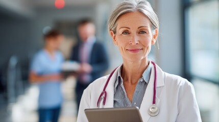 portrait of beautiful mature woman doctor holding digital tablet and looking at camera confident female doctor using digital tablet with colleague talking in background at hospital latin nurse no log