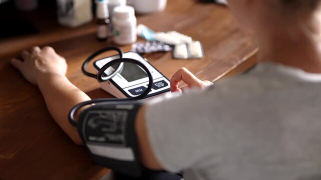 Measuring pulse and blood pressure on tonometer . Woman measure arterial pressure on medical tonometer	