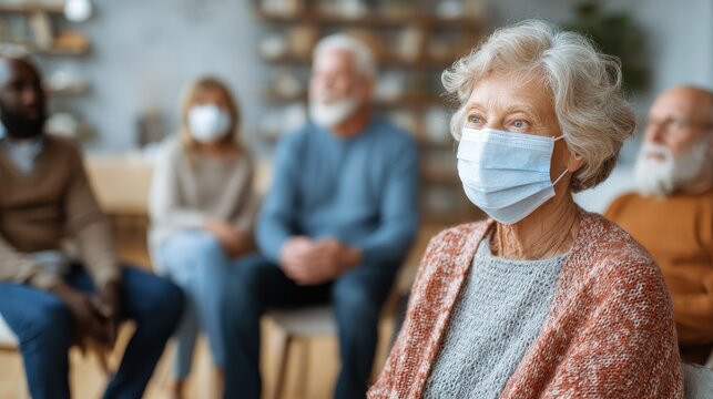 group of senior people listening to nurse wearing face mask counselor wearing surgical mask talking to group of old people psychological support for elderly and lonely people in a community centre no