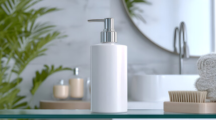 Elegant white soap dispenser in a modern bathroom setting, perfect for showcasing hygiene or spa products with a clean and minimalist aesthetic appeal