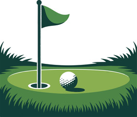 Golf course green with flag or flagstick and golf ball