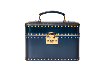 Elegant blue vanity case with gold accents. Perfect for travel or storage.
