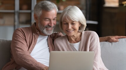 happy mature mid age couple using laptop sit on sofa doing ecommerce shopping online on website smiling senior old adult man and woman looking at computer buying insurance browsing internet at home n