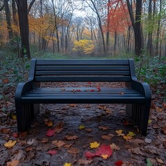 Dark park bench in autumnal forest.
