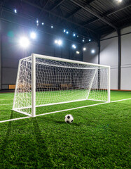 Fototapeta premium Mini soccer field with green turf, small goals, and a ball ready for the match