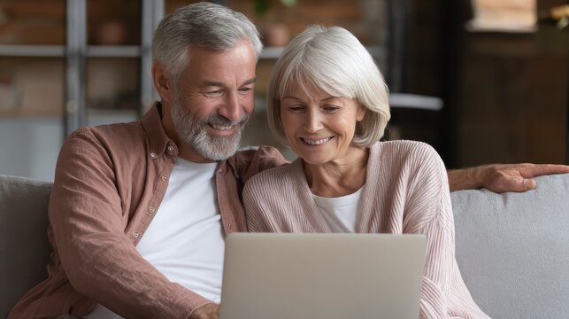 happy mature mid age couple using laptop sit on sofa doing ecommerce shopping online on website smiling senior old adult man and woman looking at computer buying insurance browsing internet at home n