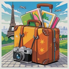 Vibrant travel poster of a suitcase in Paris with the Eiffel Tower.