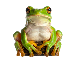 Bright Green Tree Frog Sitting Upright with Wide Eyes, Isolated on Transparent Background