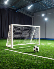 Mini soccer field with green turf, small goals, and a ball ready for the match
