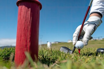 Close-up golf player retrieving ball near pin