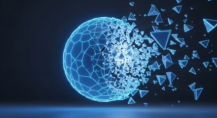 Abstract 3d rendering of a fractured sphere with fragments exploding, representing destruction, technology, and artificial intelligence