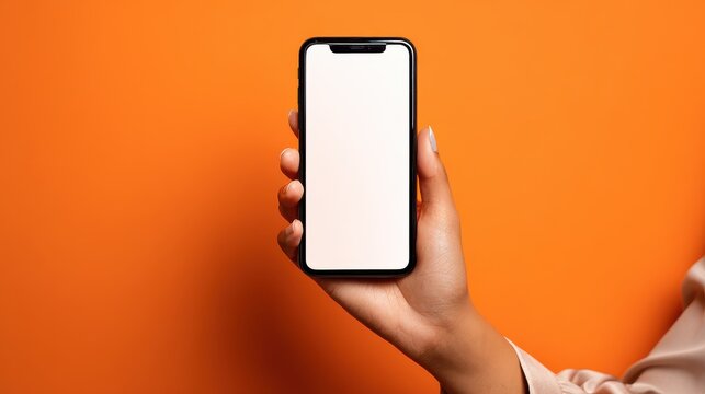 close up of woman hand using smartphone isolated on orange wall female hands showing empty white screen of modern smart phone businesswoman holding cellphone and unlocks it with her fingerprint no lo - Powered by Adobe